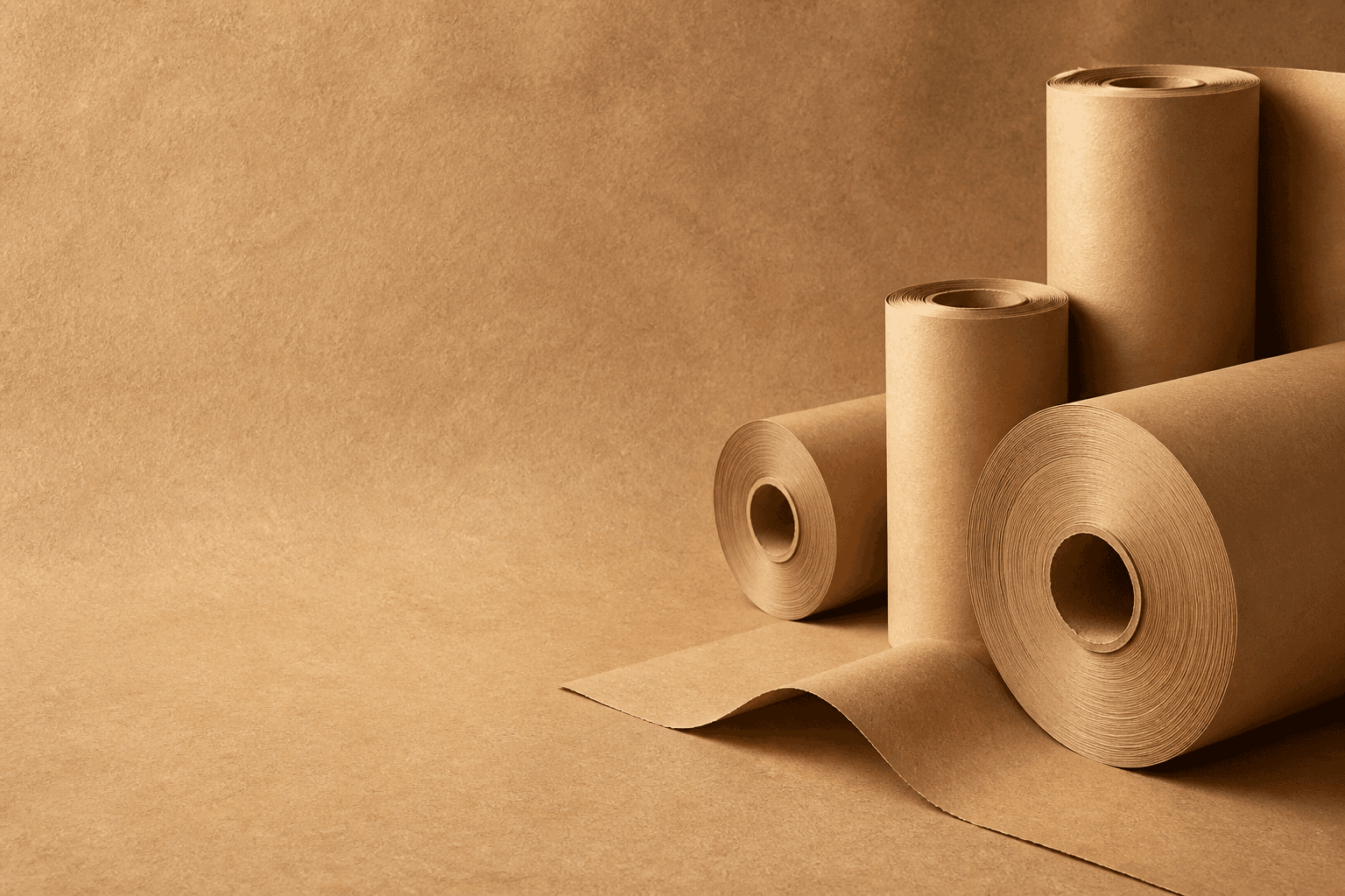 Kraft paper rolls arranged as a warm packaging material background